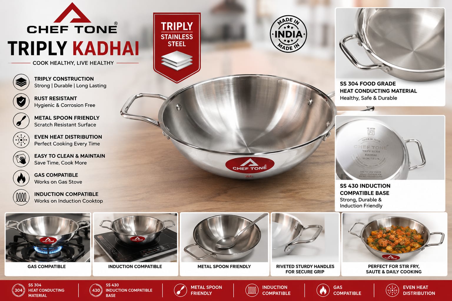 Chef Tone Triply Kadhai 26cm without Lid