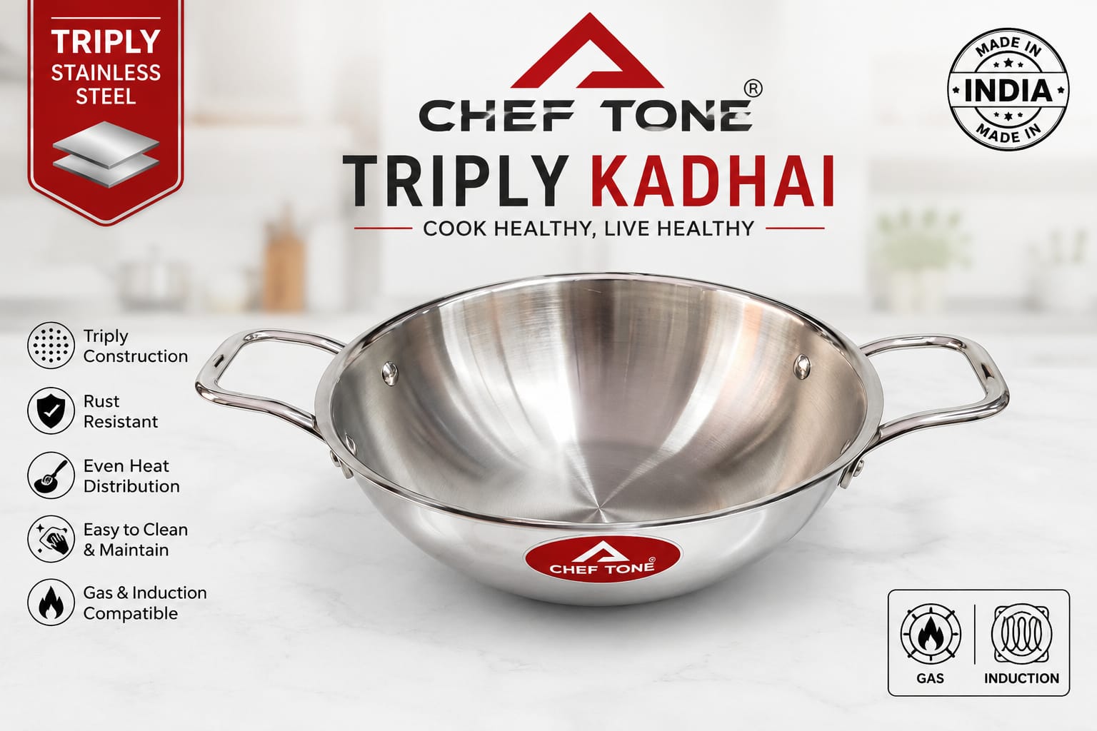 Chef Tone Triply Kadhai 34cm without Lid